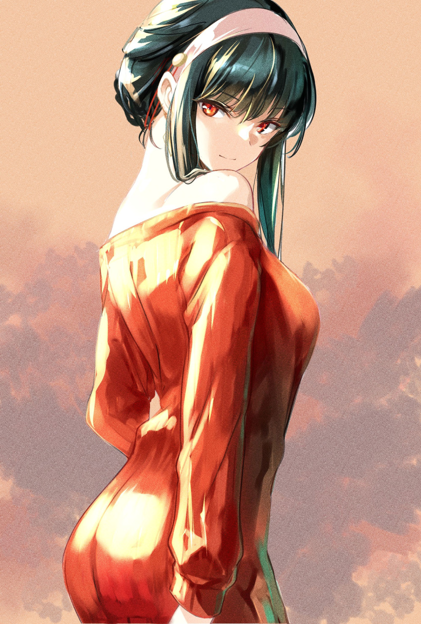 1girl absurdres arched_back bangs brown_hair closed_mouth dress from_side hair_between_eyes hairband highres long_sleeves looking_at_viewer off-shoulder_dress off_shoulder red_dress red_eyes shiny shiny_hair short_hair_with_long_locks sidelocks smile solo spy_x_family uu-tan_(hushigi10) white_hairband yor_briar