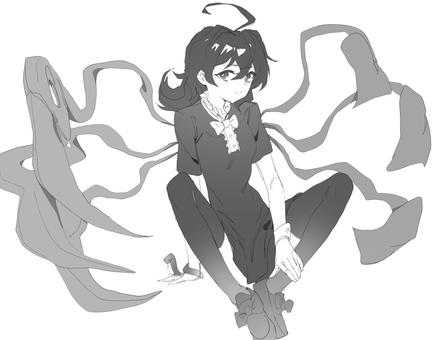 1girl absurdres ahoge asymmetrical_wings bangs bow closed_mouth dress greyscale hair_between_eyes highres houjuu_nue looking_at_viewer medium_hair mia_(39565899) monochrome short_sleeves simple_background sitting snake solo thigh-highs touhou wings wrist_cuffs