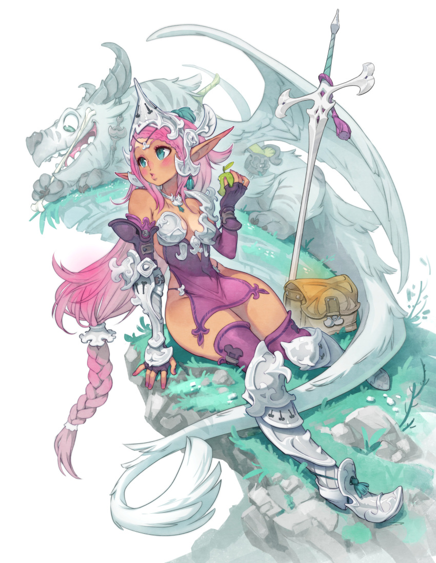 1girl armor clip_studio_paint_(medium) dragon eating highres knight pink_hair pointy_ears weapon xaxaxa