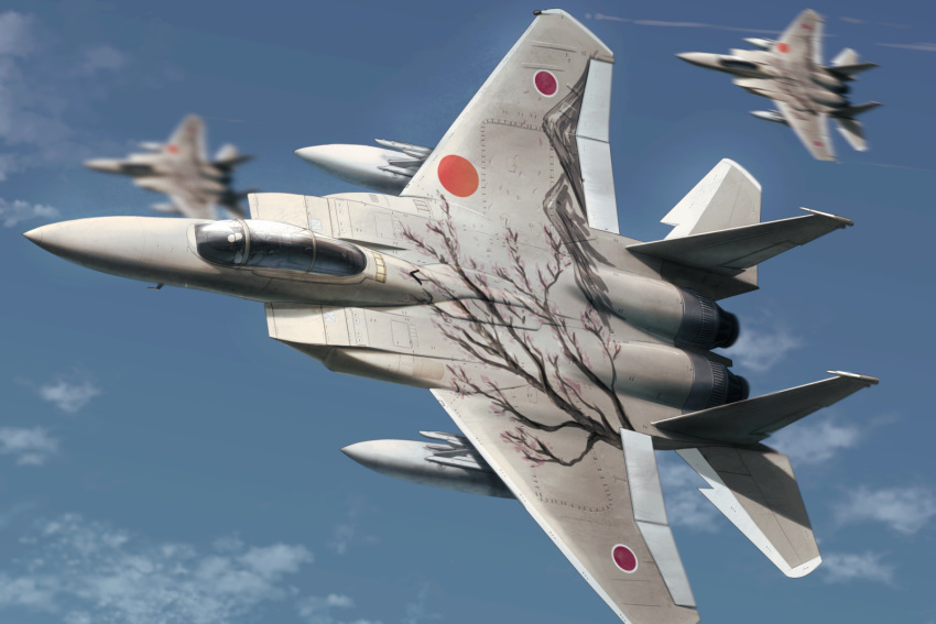 aircraft airplane blurry blurry_background cherry_blossom_print f-15j_eagle fighter_jet floral_print flying haonfest highres japan japan_air_self-defense_force japan_self-defense_force jet military military_vehicle original sky vehicle_focus
