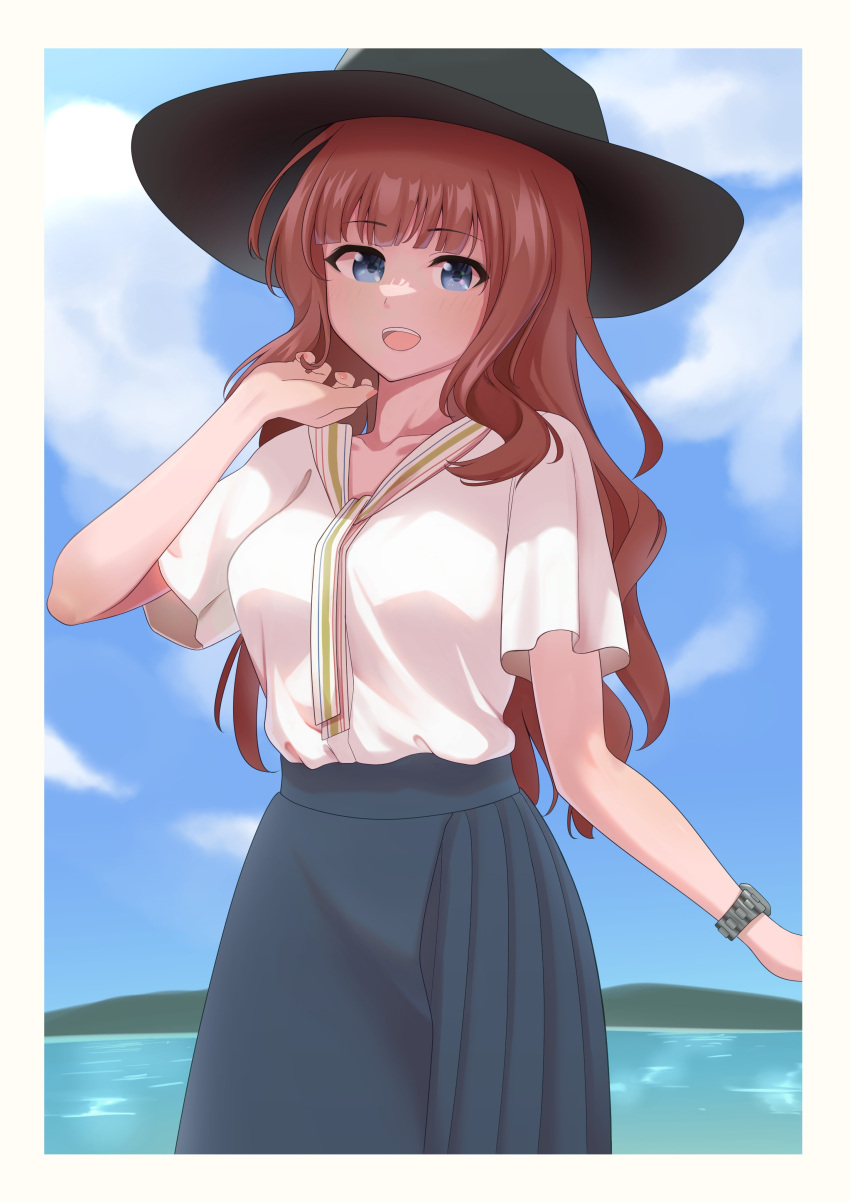 1girl :d absurdres assault_lily bangs black_headwear black_skirt blue_eyes blue_sky blunt_bangs blurry blurry_background border breasts brown_hair clouds collarbone commentary_request cowboy_shot day fingernails hand_up hat high-waist_skirt highres kaede_johan_nouvel light_blush long_hair looking_at_viewer medium_breasts neckerchief ocean open_mouth outdoors outstretched_hand pleated_skirt saetusum shade shirt shirt_tucked_in short_sleeves sidelocks skirt sky smile solo standing striped_neckerchief sun_hat teeth upper_teeth watch watch wavy_hair white_border white_neckerchief white_shirt wide_sleeves