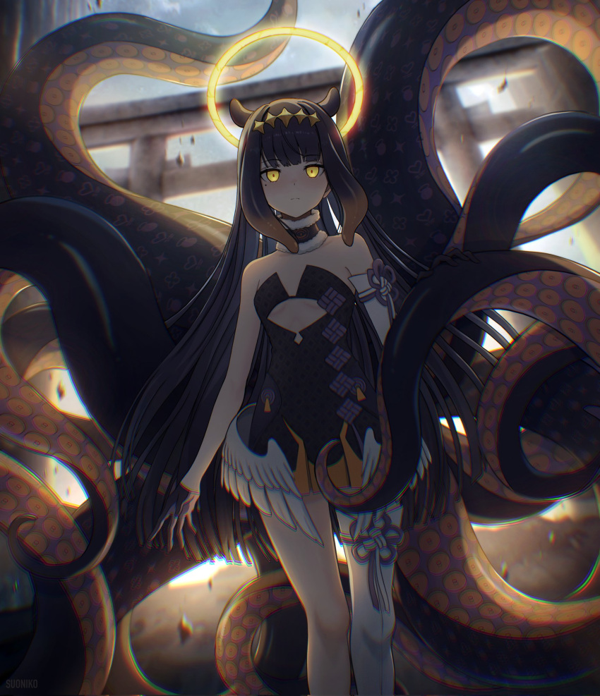 1girl artist_name black_dress black_gloves commentary detached_sleeves dress gloves halo highres hololive hololive_english looking_at_viewer low_wings ninomae_ina'nis purple_hair single_detached_sleeve single_thighhigh suoniko symbol-only_commentary tentacle_hair tentacles thigh-highs torii virtual_youtuber white_sleeves white_thighhighs wings yellow_eyes