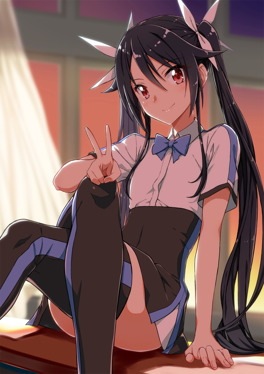 1girl bangs black_hair black_skirt black_thighhighs blue_bow blue_bowtie blurry blurry_background bow bowtie closed_mouth collared_shirt crossed_legs dress_shirt flat_chest hair_between_eyes hair_bow hand_on_own_knee high-waist_skirt highres leaning_back long_hair looking_at_viewer miniskirt ore_twintail_ni_narimasu red_eyes school_uniform shiny shiny_hair shirt short_sleeves sitting skirt smile solo thigh-highs tsube_aika twintails v very_long_hair white_bow white_shirt wing_collar yogetsu_high_school_uniform yuto_(dialique) zettai_ryouiki