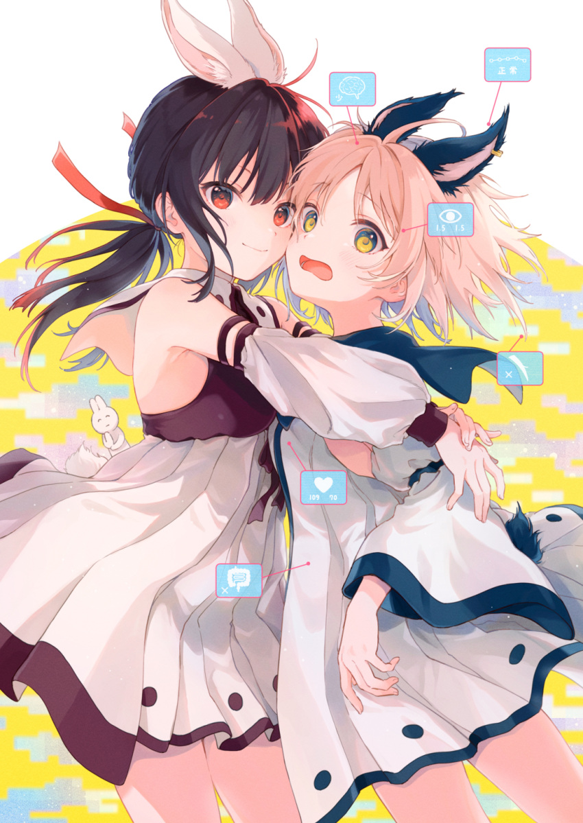 2girls :s ahoge animal_ears black_hair blue_hair bunny's_quest character_request detached_sleeves dress fake_animal_ears fur heart highres konayama_kata long_hair low_ponytail multicolored_hair multiple_girls open_mouth pink_hair pleated_dress puffy_sleeves rabbit_ears rabbit_tail red_eyes redhead shiny shiny_hair short_hair sleeve_cuffs tail tareme tsurime two-tone_hair upper_body white_dress yellow_eyes yuri