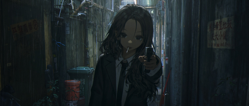 1girl aiming_at_viewer black_hair chinese_text cigarette finger_on_trigger formal gun highres holding holding_gun holding_weapon long_hair looking_at_viewer necktie night original outdoors rain solo suit translation_request wang-xi weapon wet wet_hair