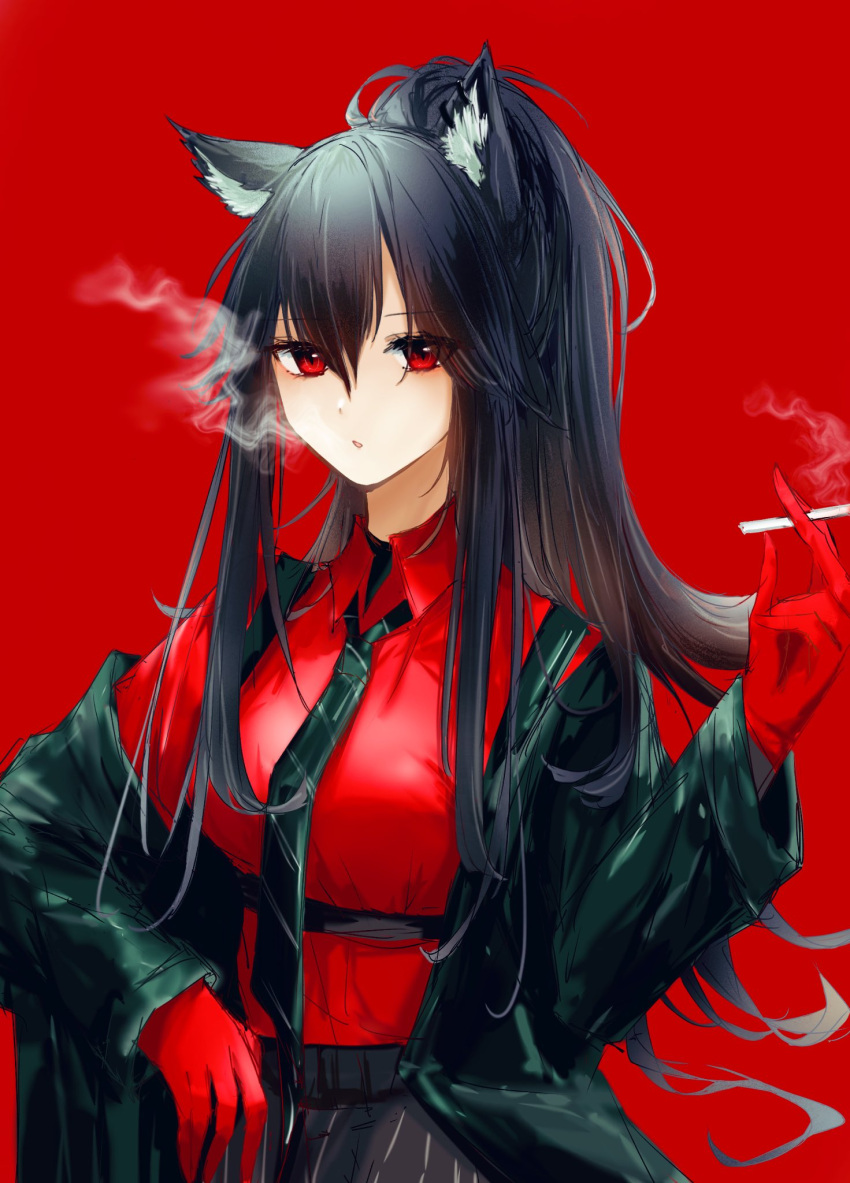 1girl animal_ears arknights black_hair black_jacket black_necktie black_pants breasts cigarette collared_shirt dress_shirt gloves hair_between_eyes highres holding holding_cigarette jacket joul_0704 long_sleeves looking_at_viewer necktie off_shoulder official_alternate_costume open_clothes open_jacket pants parted_lips ponytail red_background red_eyes red_gloves shirt simple_background sketch small_breasts smoking solo texas_(arknights) texas_(willpower)_(arknights) upper_body wolf_ears wolf_girl