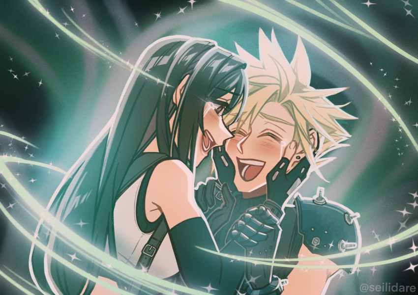 1boy 1girl armor bare_shoulders black_hair blonde_hair blush cloud_strife crop_top crying crying_with_eyes_open detached_sleeves earrings final_fantasy final_fantasy_vii final_fantasy_vii_remake fingerless_gloves gloves hands_on_another's_face happy_tears highres jewelry long_hair looking_at_another open_mouth seilidare shoulder_armor sleeveless sleeveless_turtleneck spiky_hair suspenders sweater tank_top tears tifa_lockhart turtleneck turtleneck_sweater upper_body white_tank_top
