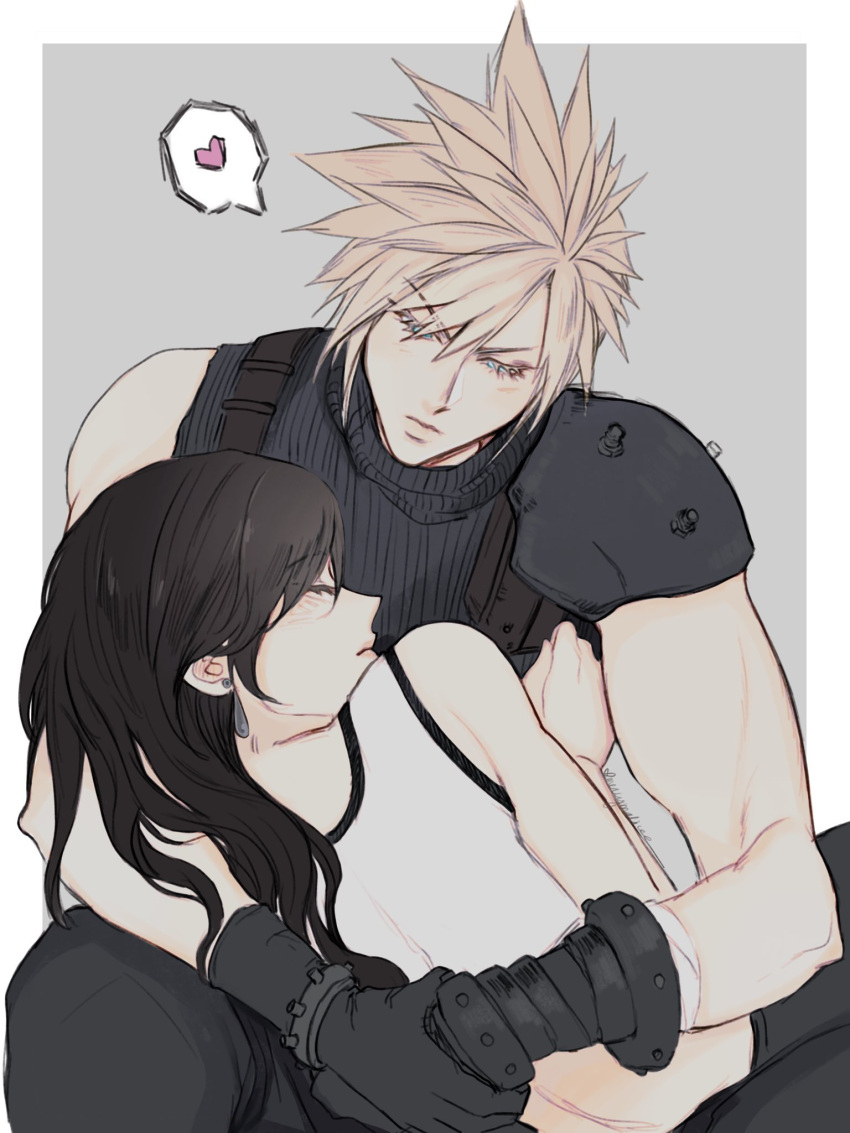 1boy 1girl armor bare_shoulders black_hair blonde_hair blush cloud_strife couple crop_top cuddling earrings final_fantasy final_fantasy_vii final_fantasy_vii_remake gloves heart highres jewelry long_hair looking_at_another mercy_(myrrcy) shoulder_armor sleeping sleeping_on_person sleeveless sleeveless_turtleneck speech_bubble spiky_hair suspenders sweater tank_top tifa_lockhart turtleneck turtleneck_sweater white_tank_top