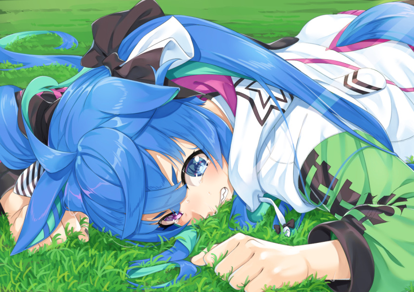 1girl animal_ears black_ribbon blue_eyes blue_hair clenched_teeth commentary_request day drawstring grass hair_ribbon heterochromia horse_ears horse_girl horse_tail jacket long_hair long_sleeves lying miri_(ago550421) multicolored_hair on_grass on_stomach outdoors puffy_long_sleeves puffy_sleeves ribbon sharp_teeth solo sweat tail tears teeth twin_turbo_(umamusume) twintails two-tone_hair umamusume very_long_hair violet_eyes white_jacket