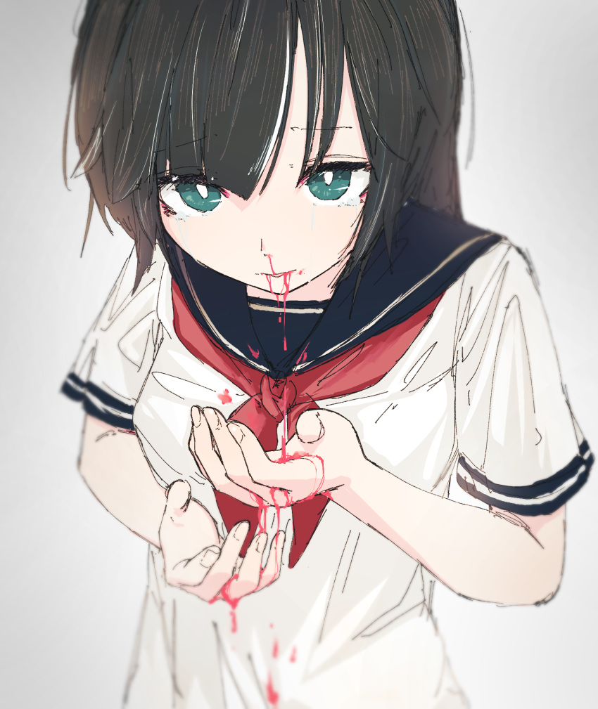 1girl aqua_eyes black_hair black_sailor_collar blood blood_from_mouth blood_on_hands blurry bright_pupils commentary_request crying crying_with_eyes_open grey_background gumi_(guminghc) hands_up highres long_hair looking_at_viewer making-of_available multiple_sources neckerchief nosebleed original parted_lips red_neckerchief sailor_collar school_uniform serafuku shirt short_sleeves solo streaming_tears tears upper_body white_pupils white_shirt