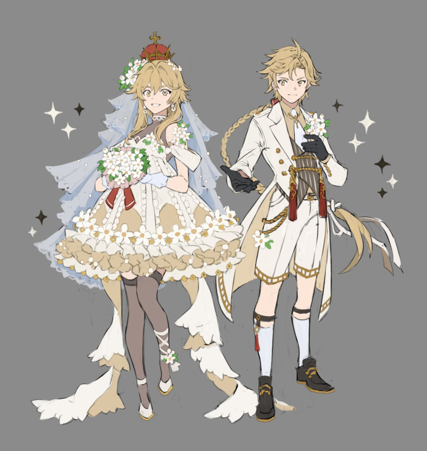 1boy 1girl aether_(genshin_impact) alternate_costume black_gloves black_thighhighs blonde_hair bouquet braid brother_and_sister closed_mouth coat crown dress earrings flower full_body genshin_impact gloves grey_background hair_flower hair_ornament highres holding holding_bouquet jewelry kneehighs long_hair lumine_(genshin_impact) papajay_(jennygin2) short_hair_with_long_locks shorts siblings simple_background single_braid socks sparkle symbol-only_commentary thigh-highs white_coat white_dress white_flower white_gloves white_shorts white_socks yellow_eyes