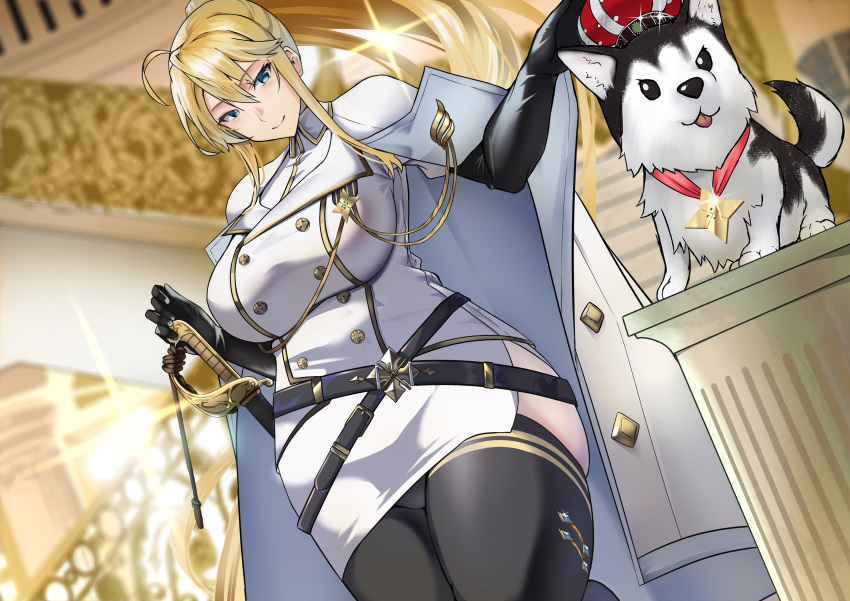 1girl absurdres ahoge artoria_pendragon_(fate) artoria_pendragon_(lancer)_(fate) black_gloves blonde_hair blue_eyes breasts buttons cape curvy dog double-breasted dress elbow_gloves fate/grand_order fate_(series) gloves hair_bun highres indoors large_breasts military military_uniform shiiki_(love-saber) side_slit sidelocks sword thigh-highs uniform weapon white_cape white_dress