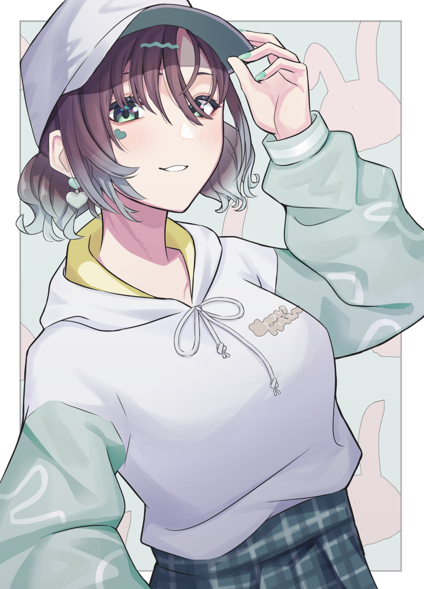1girl asakura_tooru bangs border curly_hair earrings gradient_hair green_background green_eyes green_hair green_hoodie green_nails hair_between_eyes hair_over_eyes hat heart highres holding holding_clothes holding_hat hood hoodie idolmaster idolmaster_shiny_colors jewelry looking_at_viewer medium_hair multicolored_clothes multicolored_hair multicolored_hoodie nail_polish parted_lips patterned_background rihiro_153 selfie short_twintails smile solo sticker_on_face teeth twintails white_border white_hoodie yellow_hoodie