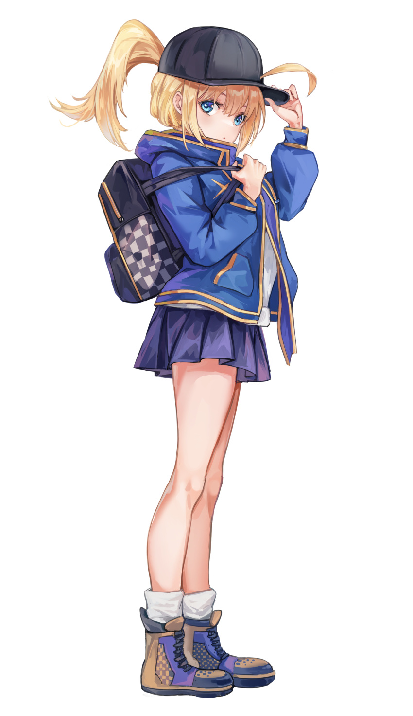 1girl absurdres ahoge artoria_pendragon_(fate) backpack bag bangs baseball_cap black_headwear blonde_hair blue_eyes blue_jacket blue_skirt fate/grand_order fate_(series) floating_hair full_body hair_between_eyes hat highres jacket long_hair long_sleeves looking_at_viewer miniskirt mysterious_heroine_x_(fate) open_clothes open_jacket pleated_skirt purple_footwear shiny shiny_hair simple_background skirt socks solo standing white_background white_socks zuihou_de_miao_pa_si