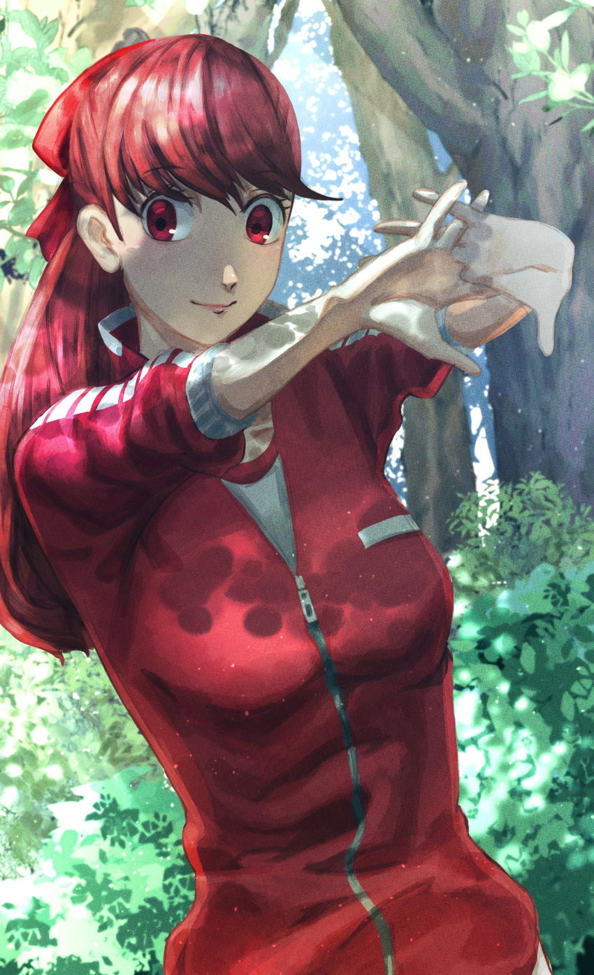 1girl absurdres bangs bow closed_mouth collarbone dappled_sunlight day forest hair_bow highres jacket long_hair long_sleeves looking_at_viewer nature outdoors persona persona_5 persona_5_the_royal red_bow red_eyes red_jacket redhead reonzeee0120 shiny shiny_hair smile solo stretching sunlight track_jacket tree upper_body yoshizawa_kasumi zipper