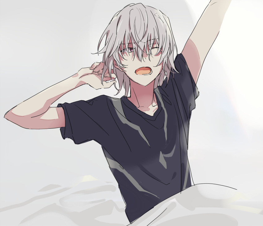 1boy accelerator_(toaru_majutsu_no_index) anninn_do_fu arm_up bed black_shirt blanket highres one_eye_closed red_eyes shirt stretching toaru_majutsu_no_index white_hair yawning