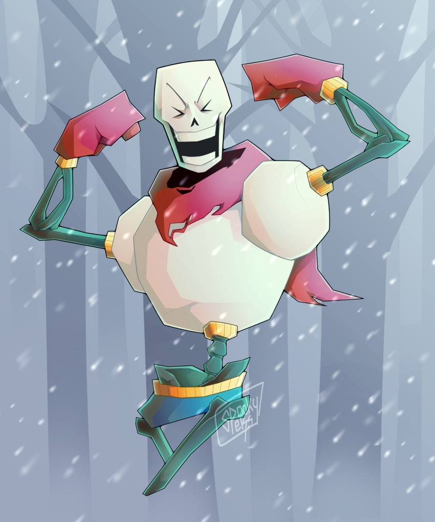 >o< 1boy 2021 2d armor artist_name blue_background blue_shorts cape closed_eyes commentary cropped_legs digital_media double_biceps_pose english_commentary flexing gloves highres hip_bones humanoid male male_focus male_only monster monster_boy open_mouth papyrus_(undertale) print_armor red_cape red_gloves shorts signature simple_background skeleton snowing solo spine spookyspeks teeth tree undead undertale utdr_(toby_fox) white_armor