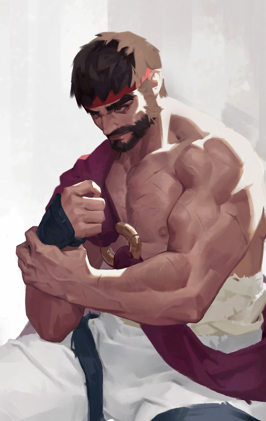 1boy absurdres brown_eyes brown_hair clenched_hand facial_hair fighting_stance fingerless_gloves gloves headband highres japanese_clothes looking_away midriff_sarashi muscular muscular_male qchbtb red_headband ryu_(street_fighter) sarashi street_fighter street_fighter_6 uppercut