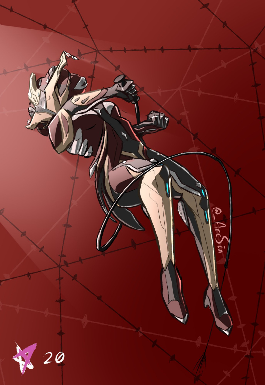 1girl arcafterdark artist_name barbed_wire breasts colored_skin highres holding holding_whip khora_(warframe) midair multicolored_skin red_background simple_background small_breasts solo star_(symbol) warframe