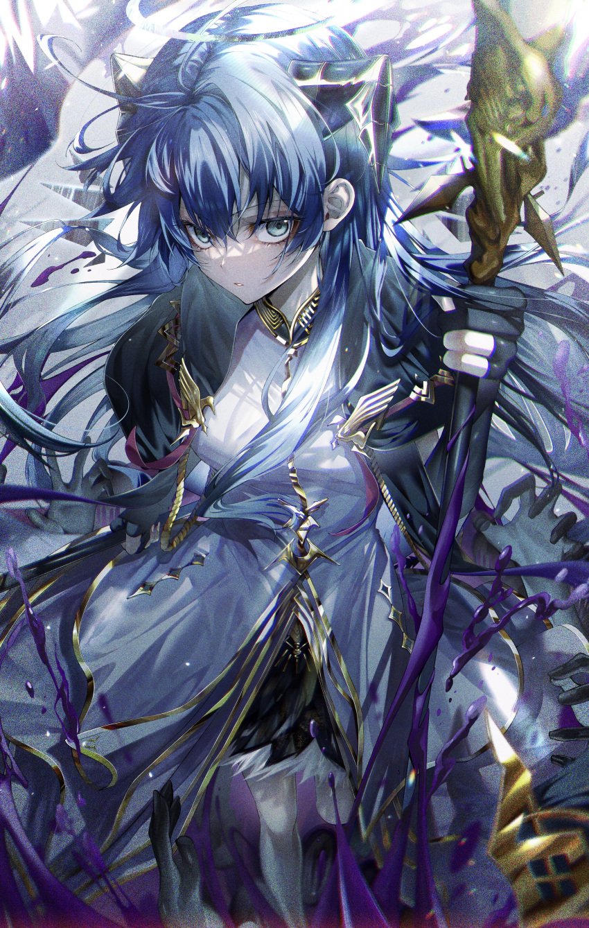 1girl absurdres arknights black_gloves black_wings blue_eyes blue_hair demon_horns detached_wings dress energy_wings gloves halo hand_up highres holding holding_staff horns looking_at_viewer mostima_(arknights) mostima_(spellbreaker)_(arknights) nuesawa_kyo official_alternate_costume pantyhose parted_lips partially_fingerless_gloves solo staff white_dress white_pantyhose wings