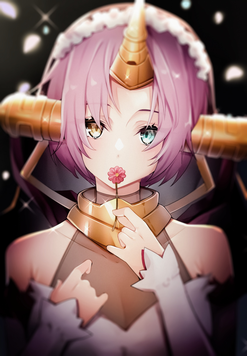 1girl absurdres bare_shoulders blue_eyes collarbone commentary_request fate/grand_order fate_(series) flower frankenstein's_monster_(fate) heterochromia highres holding holding_flower horns looking_at_viewer pink_hair short_hair single_horn skoll_world solo upper_body white_sleeves yellow_eyes