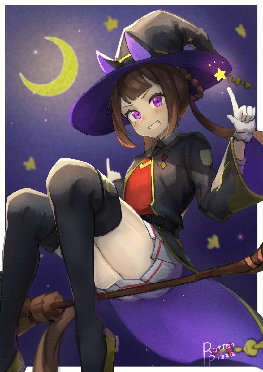 1girl absurdres animal_ears bangs black_headwear black_thighhighs blush broom broom_riding brown_hair crescent gloves grin hat highres horse_ears horse_girl index_finger_raised long_hair long_sleeves looking_at_viewer pleated_skirt signature sitting skirt smile solo star_(symbol) sweep_tosho_(umamusume) thigh-highs umamusume violet_eyes watashinabe white_gloves white_skirt wide_sleeves witch_hat