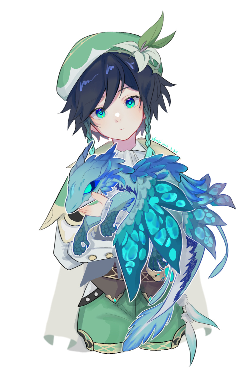 1boy alternate_size aqua_eyes aqua_hair ascot beret black_hair braid cape carrying character_name chinese_commentary commentary_request cowboy_shot cropped_legs dated dragon dvalin_(genshin_impact) expressionless feathers flower genshin_impact gradient_hair green_headwear green_shorts hat hat_flower head_tilt highres looking_at_viewer male_focus multicolored_hair multiple_wings qm.chengzhi short_hair shorts side_braids simple_background standing tail talons twin_braids two-tone_hair venti_(genshin_impact) white_ascot white_background white_cape wings