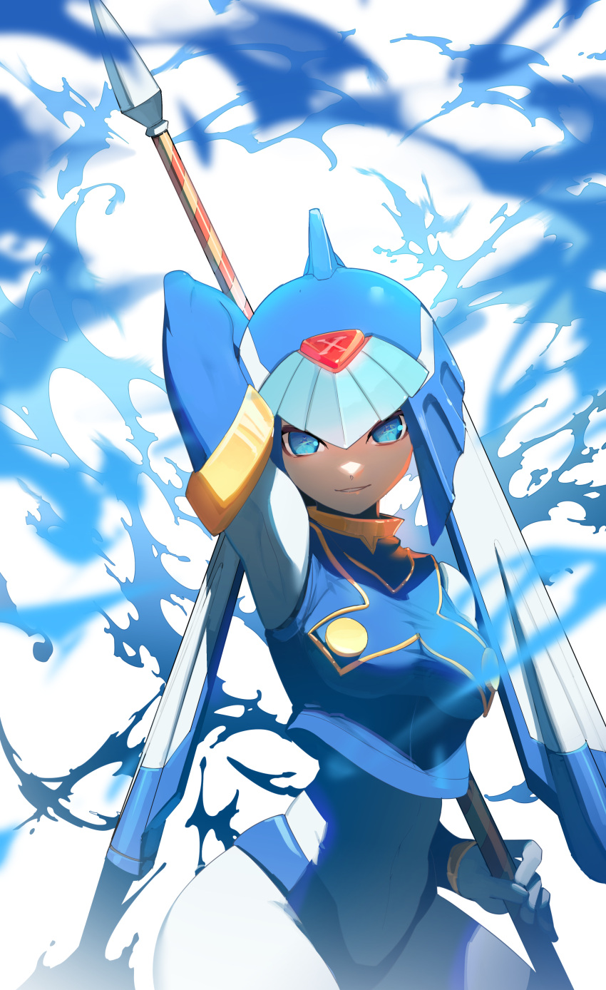 1girl absurdres android armpits blue_eyes blue_hair bodysuit breasts gloves helmet highres holding inti_creates leviathan_(mega_man) looking_at_viewer medium_breasts mega_man_(series) mega_man_zero polearm skin_tight smile solo spear tanziya_(codlxcold) water weapon