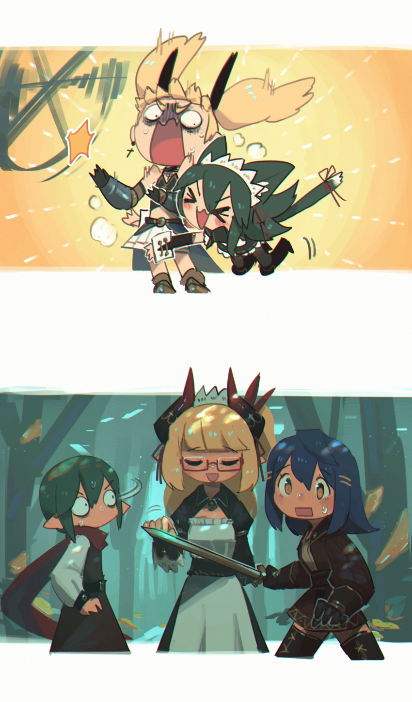 &gt;_&lt; 1boy 4girls absurdres animal_ears blonde_hair blue_hair cat_ears cat_tail closed_eyes cressey_(porforever) cross cross_earrings earrings fantasy flareze_(porforever) forest gauntlets glomp green_hair highres holding holding_sword holding_weapon horns hug jewelry looking_at_another maid maid_headdress multiple_girls nature original pointy_ears polishing porforever scarf semi-rimless_eyewear surprised sweatdrop sword tail twintails under-rim_eyewear weapon yellow_eyes