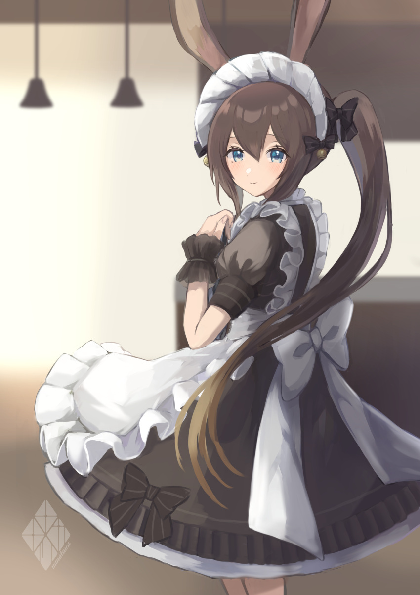 1girl absurdres alternate_costume amiya_(arknights) animal_ears apron arknights back_bow bell black_bow black_dress black_wristband blue_eyes blush bow brown_hair dress enmaided feet_out_of_frame hair_bell hair_between_eyes hair_bow hair_ornament hand_up hanging_light highres indoors maid nanatsuka ponytail puffy_short_sleeves puffy_sleeves rabbit_ears rabbit_girl short_sleeves simple_background smile solo white_apron white_bow