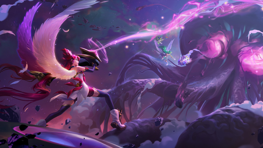 4girls artist_request bangs bare_shoulders black_gloves black_thighhighs blue_hair character_request dress elbow_gloves feathers from_side gloves green_hair holding holding_rocket_launcher holding_staff holding_weapon jinx_(league_of_legends) legends_of_runeterra long_hair lulu_(league_of_legends) magic monster multiple_girls night outdoors red_shorts redhead shorts soraka_(league_of_legends) staff star_guardian_(league_of_legends) star_guardian_jinx star_guardian_lulu star_guardian_soraka strapless strapless_dress thigh-highs weapon white_dress white_footwear wings