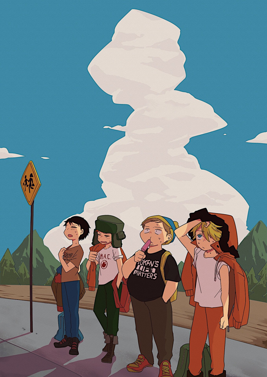 4boys bag black_hair black_shirt blonde_hair bus_stop child clouds cloudy_sky commentary_request day denim eric_cartman food full_body hair_over_one_eye hat highres jeans kenny_mccormick kyle_broflovski male_child male_focus mountainous_horizon multiple_boys open_mouth pants plump popsicle road road_sign school_bag shirt short_hair sign sky south_park stan_marsh sweat sweating_profusely white_shirt yukaonanii