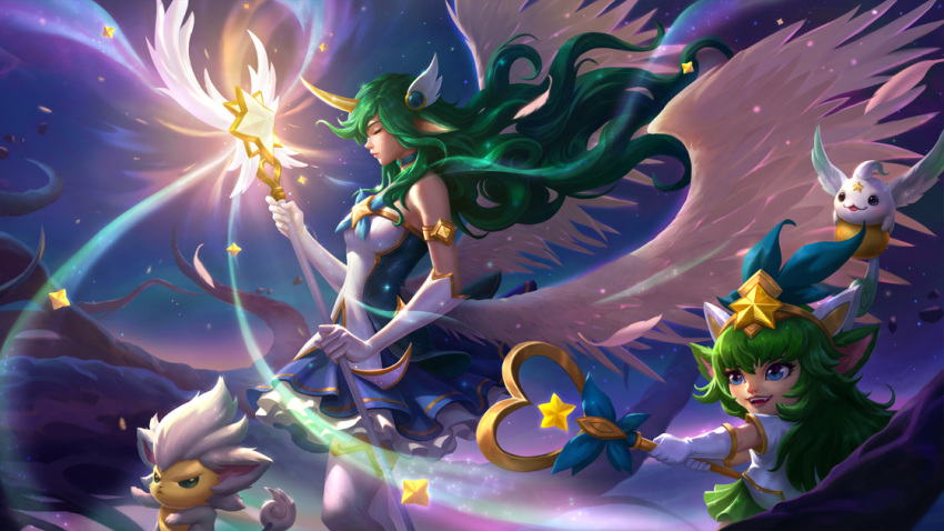 2girls artist_request bangs blue_eyes blue_skirt breasts closed_eyes closed_mouth fangs frilled_skirt frills from_side gloves green_hair green_skirt hair_ornament heart holding holding_staff horns legends_of_runeterra little_legend long_hair lulu_(league_of_legends) magic medium_breasts miniskirt multiple_girls night outdoors pointy_ears shiny shiny_hair shirt short_sleeves single_horn skirt soraka_(league_of_legends) staff star_(symbol) star_guardian_(league_of_legends) star_guardian_lulu star_guardian_soraka teeth thigh-highs upper_teeth white_gloves white_shirt white_thighhighs wings yordle