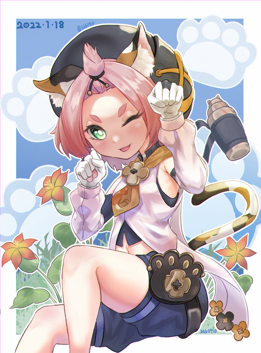 1girl ;3 ;d absurdres animal_ears armpits bag bangs_pinned_back belt cat_ears cat_girl cat_tail cocktail_shaker commentary_request detached_sleeves diona_(genshin_impact) flower forehead genshin_impact gloves green_eyes hair_ribbon hat highres koi0910 long_sleeves looking_at_viewer midriff navel one_eye_closed paw_pose paw_print pink_hair puffy_detached_sleeves puffy_shorts puffy_sleeves ribbon short_hair shorts sidelocks sitting smile solo tail thick_eyebrows white_gloves