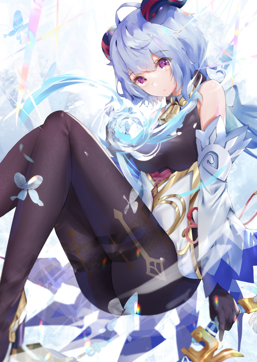 1girl absurdres ahoge amos'_bow_(genshin_impact) bangs bare_shoulders bell black_pantyhose blue_hair bodystocking bodysuit bow_(weapon) breasts detached_sleeves feet_out_of_frame ganyu_(genshin_impact) genshin_impact gold_trim highres holding holding_bow_(weapon) holding_weapon horns long_hair looking_at_viewer magic medium_breasts neck_bell orb pantyhose sena_(sena_soar) sidelocks solo thighlet thighs violet_eyes weapon white_sleeves