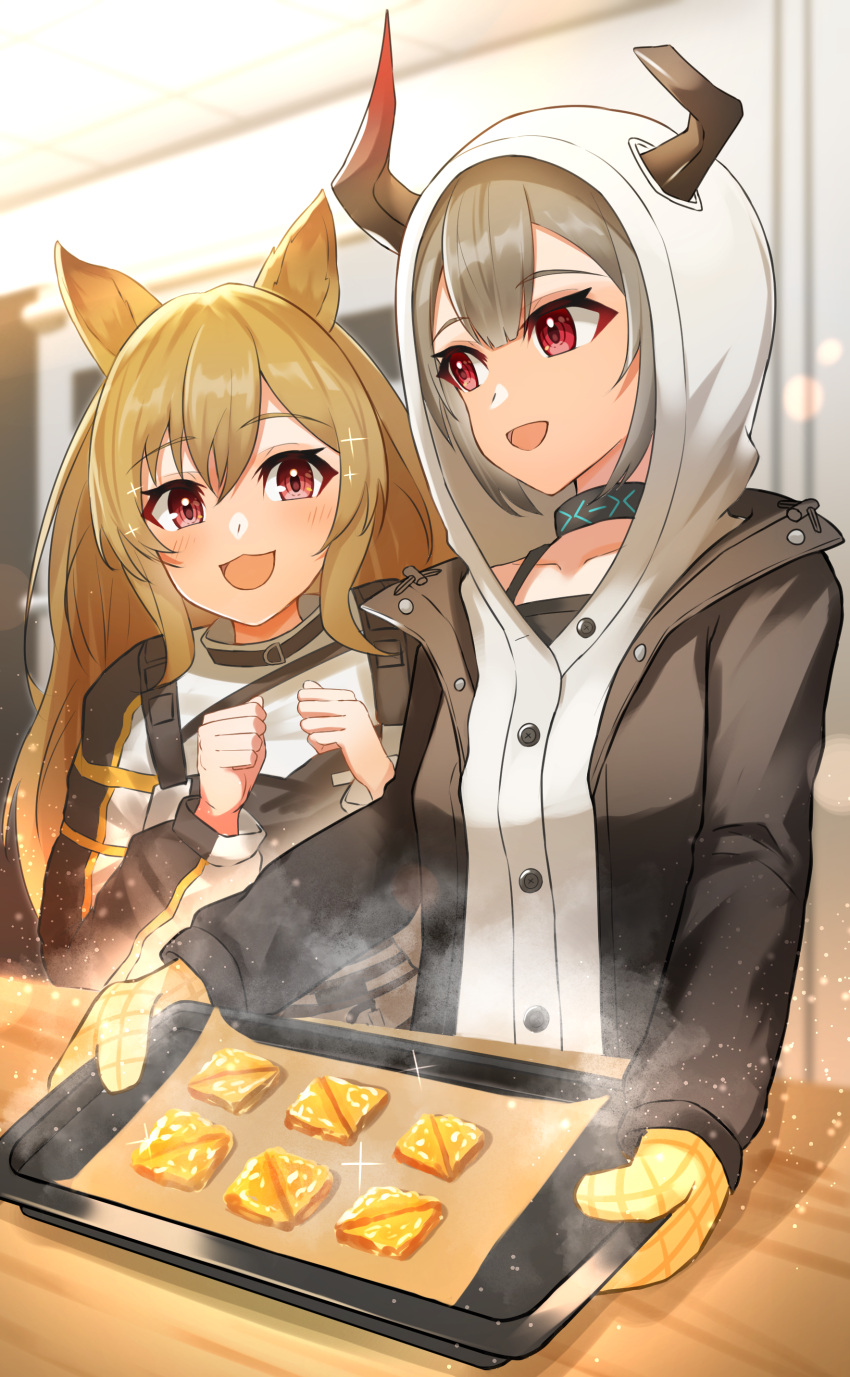 2girls :d absurdres animal_ears arknights baking_sheet black_jacket black_shirt broken_horn brown_hair brown_jacket buttons cardigan ceobe_(arknights) clenched_hands cookie dog_ears food gloves hands_up highres holding holding_tray hood hood_up hooded_cardigan horns horns_through_headwear indoors infection_monitor_(arknights) jacket k@bu long_sleeves multiple_girls open_mouth oven_mitts red_eyes shirt smile sparkle tray upper_body vulcan_(arknights) white_cardigan yellow_gloves