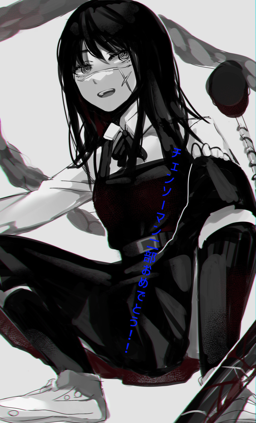 1girl absurdres bangs belt chainsaw_man chromatic_aberration collared_shirt commentary_request dress full_body greyscale highres kneehighs long_hair looking_at_viewer mitaka_asa monochrome neck_ribbon pinafore_dress raimone26 ribbon ringed_eyes scar scar_on_face school_uniform shirt socks solo spot_color squatting