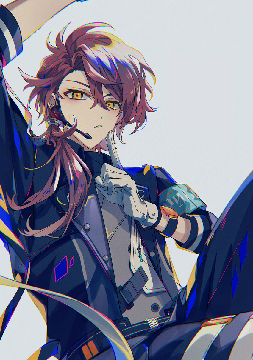 1boy cain_knightley finger_to_mouth finger_to_own_chin gloves grey_background highres long_hair long_sleeves looking_at_viewer mahoutsukai_no_yakusoku male_focus naruta_iyo parted_lips ponytail redhead shushing solo yellow_eyes