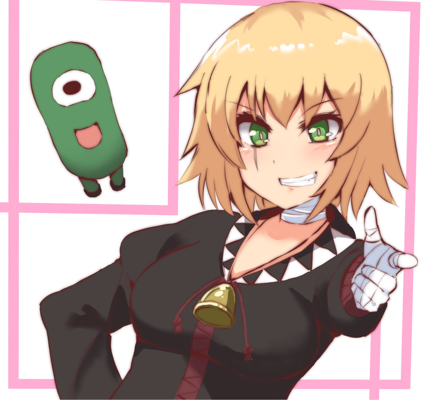 1girl bandaged_hand bandaged_neck bandages bangs bell black_hoodie blonde_hair blush breasts cafe_no_zombi-ko commentary_request creature green_eyes grin highres hood hood_down hoodie looking_at_viewer medium_breasts natashia pointing pointing_at_viewer project_upd8 scar scar_across_eye short_hair smile solo upper_body virtual_youtuber white_background