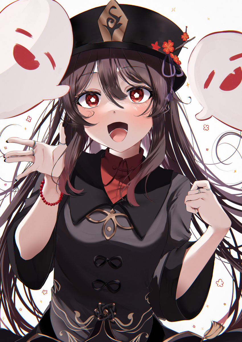 1girl :d absurdres bead_bracelet beads black_nails blush bracelet brown_hair chinese_clothes genshin_impact ghost hat highres hu_tao_(genshin_impact) jewelry long_sleeves nail_polish open_mouth ring simple_background smile symbol-shaped_pupils top_hat twintails white_background yura_458