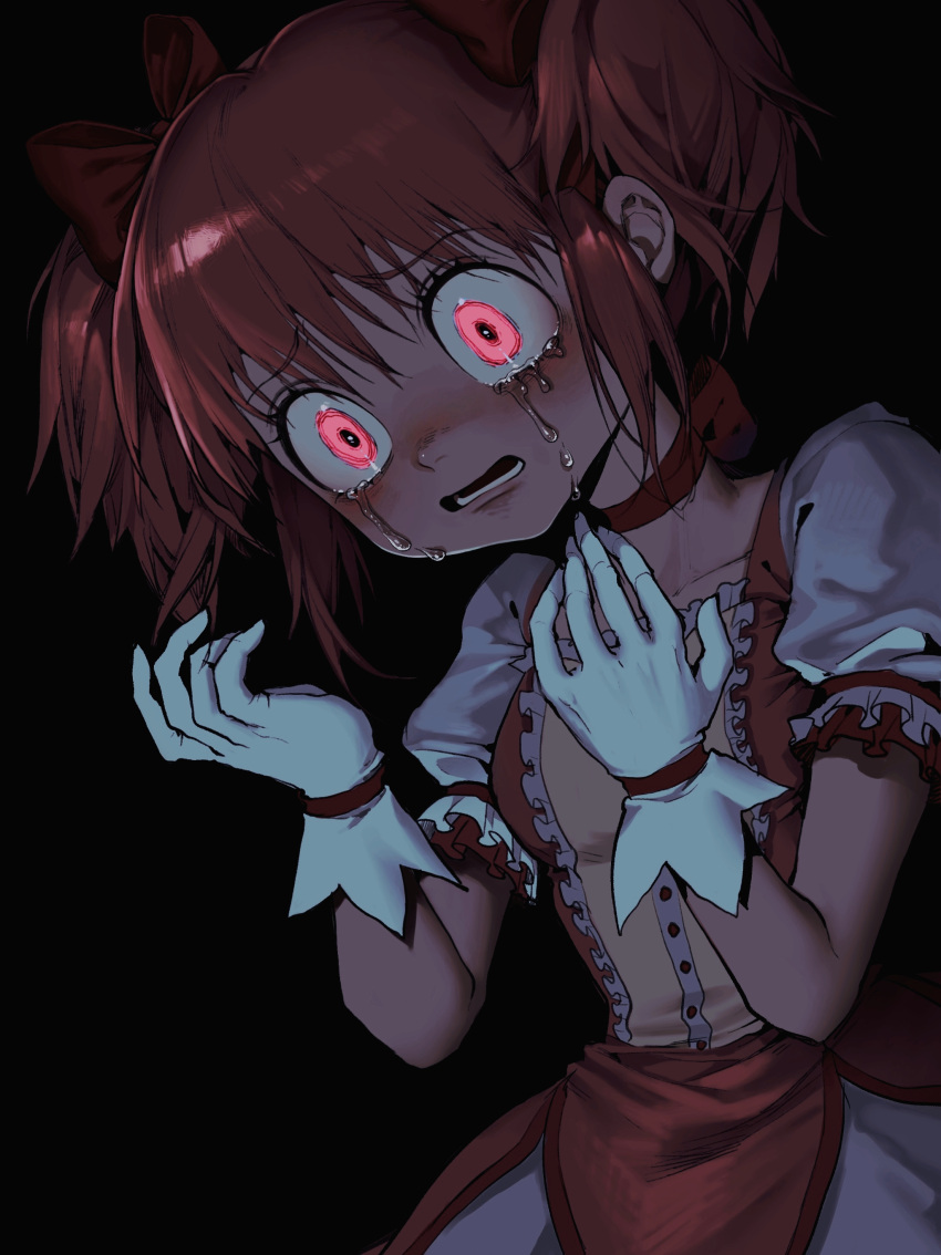 1girl absurdres bangs black_background bow bow_choker chinese_commentary choker collarbone commentary_request crying crying_with_eyes_open dress gloves glowing glowing_eyes hair_bow hands_up highres huxiaobai528 kaname_madoka looking_at_hands mahou_shoujo_madoka_magica open_mouth pink_eyes puffy_short_sleeves puffy_sleeves red_choker red_dress redhead short_hair short_sleeves short_twintails simple_background solo tears twintails upper_body white_gloves wide-eyed