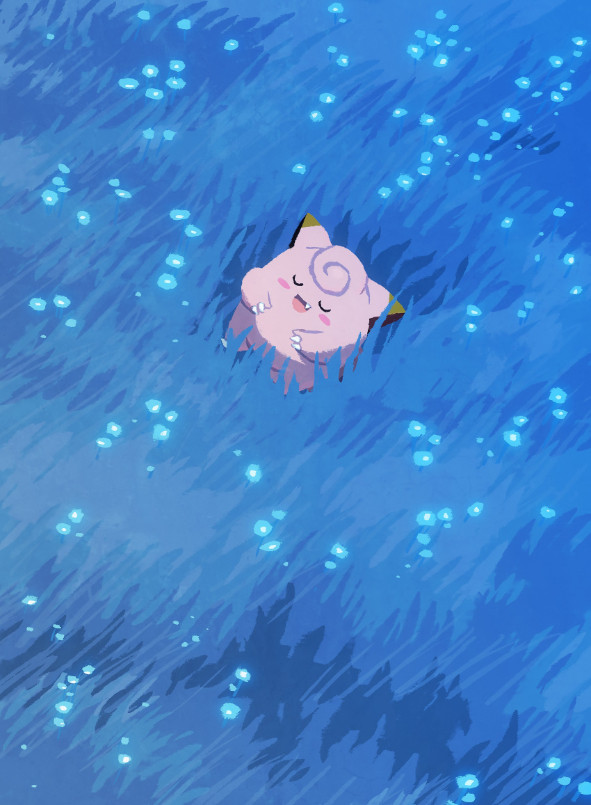 absurdres blue_flower claws clefairy closed_eyes fang flower grass highres hyogonosuke lying night no_humans on_back open_mouth outdoors pokemon pokemon_(creature) sleeping solo