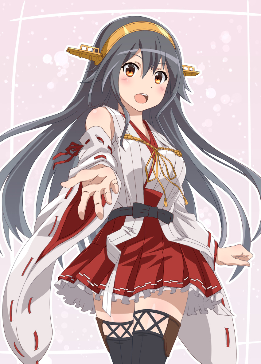 1girl absurdres black_hair boots breasts brown_eyes cowboy_shot detached_sleeves frilled_skirt frills hair_ornament hairband hairclip haruna_(kancolle) haruna_kai_ni_(kancolle) headgear highres japanese_clothes kantai_collection long_hair medium_breasts miracan nontraditional_miko open_mouth red_skirt ribbon-trimmed_sleeves ribbon_trim skirt solo standing thigh_boots wide_sleeves