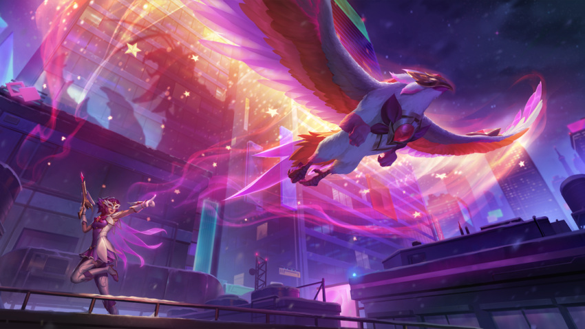 1girl alternate_form animal artist_request bow building city colorful crossbow dress foot_up gem gloves glowing glowing_eye griffin hands_up holding holding_weapon legends_of_runeterra long_hair monster night outdoors pink_dress pink_hair pointing quinn_(league_of_legends) red_bow shadow star_guardian_quinn thigh-highs valor_(league_of_legends) weapon white_dress white_gloves white_thighhighs wings