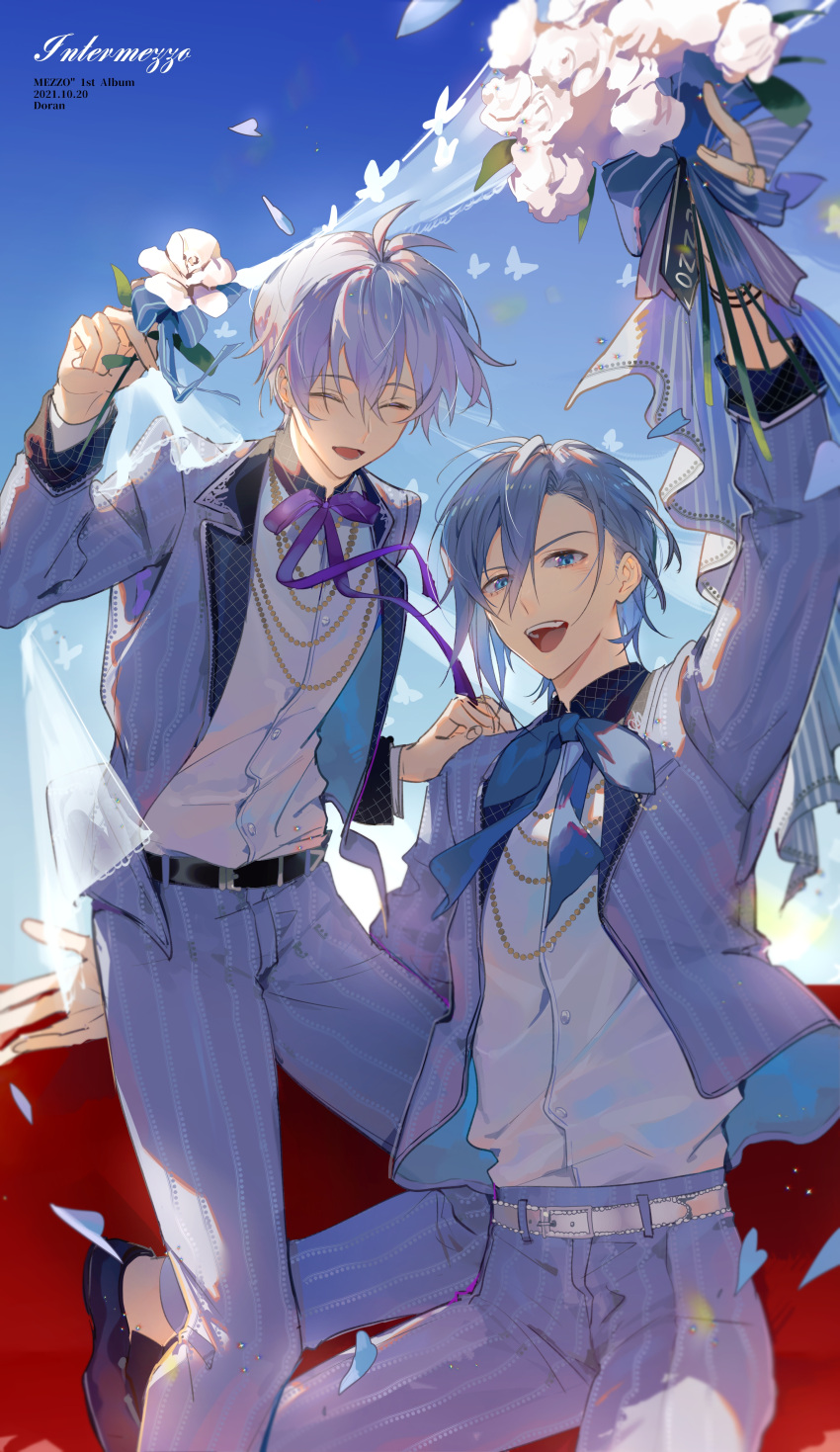 2boys absurdres ahoge belt bishounen blue_eyes blue_hair bouquet bow bowtie bug butterfly buttons chain confetti day dorandoran flower formal hand_on_another's_shoulder heart highres holding holding_bouquet holding_flower idolish_7 light_rays long_sleeves looking_at_viewer male_focus mezzo" multiple_boys open_mouth osaka_sougo pink_flower pink_rose rose short_hair sitting smile sparkle suit uniform veil violet_eyes white_butterfly white_hair yotsuba_tamaki