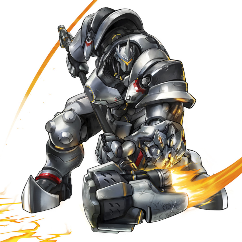 1boy armor boots chest_armor covered_face fighting_stance gauntlets hammer helmet leg_armor male_focus overwatch reinhardt_(overwatch) shoulder_armor simple_background solo swing tonysaurus weapon white_background