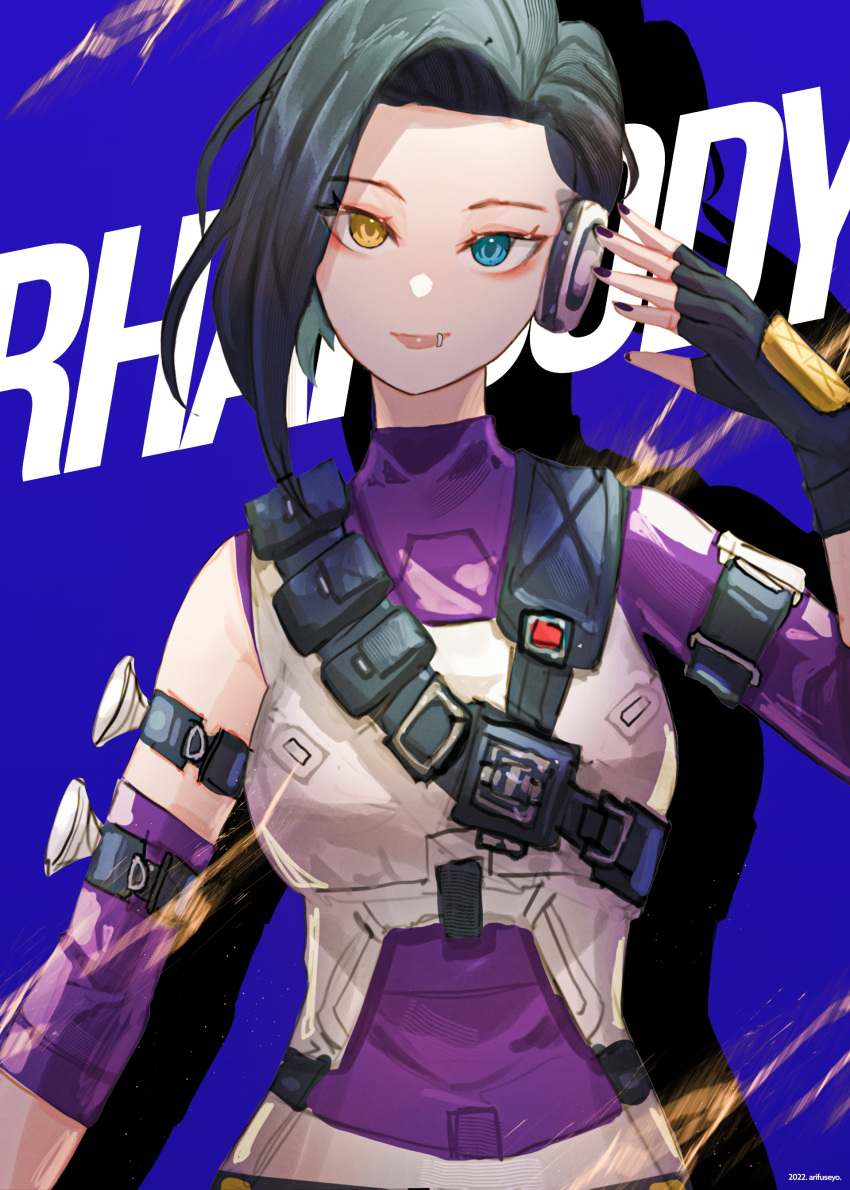 1girl absurdres apex_legends arifuseyo arm_strap black_gloves black_hair black_nails blue_background blue_eyes bodysuit breasts fingerless_gloves gloves head_tilt headphones heterochromia highres lip_piercing looking_at_viewer medium_breasts orange_eyes piercing purple_bodysuit rhapsody_(apex_legends) short_hair smile solo