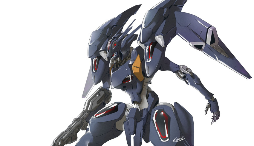 gun gundam gundam_pharact gundam_suisei_no_majo hary_nugraha highres holding holding_gun holding_weapon leaning_forward mecha mobile_suit no_humans open_hand red_eyes robot science_fiction solo weapon white_background
