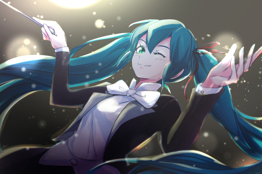 1girl ;) aqua_hair black_jacket bow bowtie closed_mouth conductor dec_madoka floating_hair green_eyes grey_background hair_ribbon hatsune_miku highres jacket long_hair long_sleeves miku_symphony_(vocaloid) one_eye_closed open_clothes open_jacket red_ribbon ribbon shiny shiny_hair shirt smile solo twintails upper_body very_long_hair vocaloid white_bow white_bowtie white_shirt