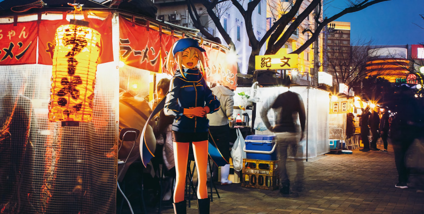 absurdres artoria_pendragon_(fate) bad_source baseball_cap blonde_hair fate/grand_order fate_(series) hat highres jacket mysterious_heroine_x_(fate) official_art scarf shop standing torso_grab type-moon